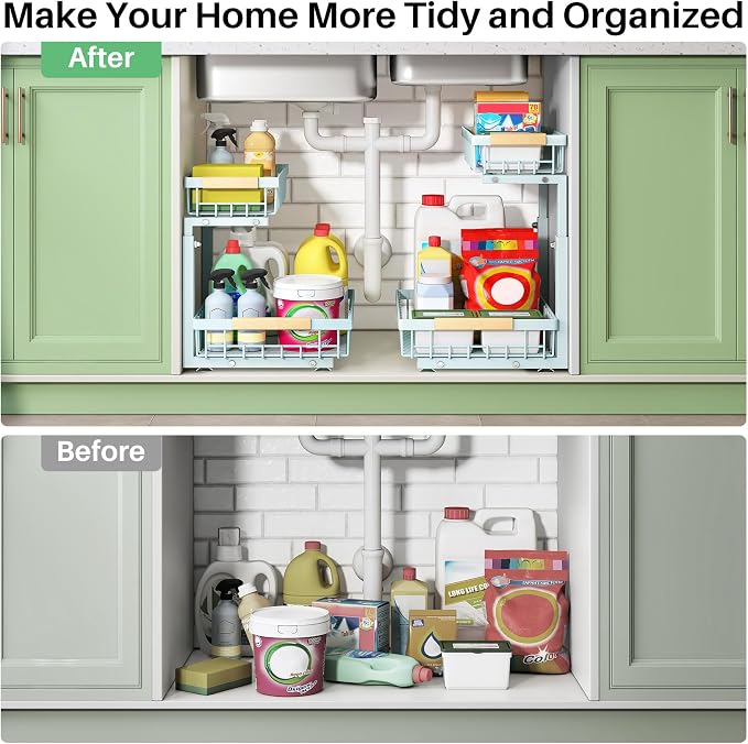 Kitstorack Under Sink Organizer, 2 Tier Under the Sink Storage, Slide out Pull out Cabinet Organizer Shelf, Metal Sliding Drawer for Kitchen Bathroom Pantry Closet Organization Rack, Blue, 2 Pack - Image 8