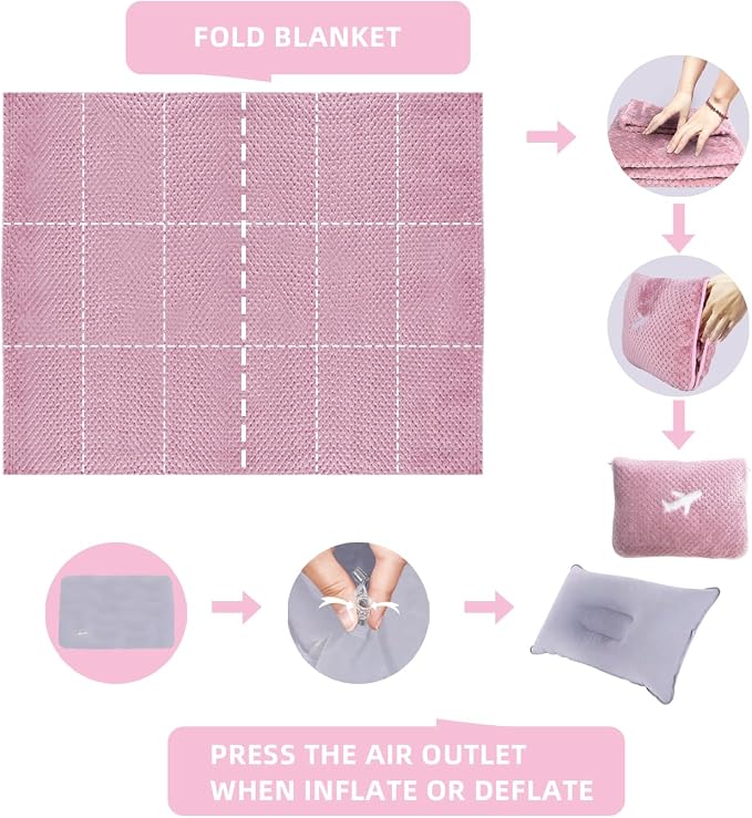 3 in 1 Travel Blanket Pillow Set - 350 GSM Thick Travel Blanket Airplane Compact with Bag, Soft Bag with a Pocket, Inflatable Travel Pillow for Camping & Car Trip (Blush Pink) - Image 7