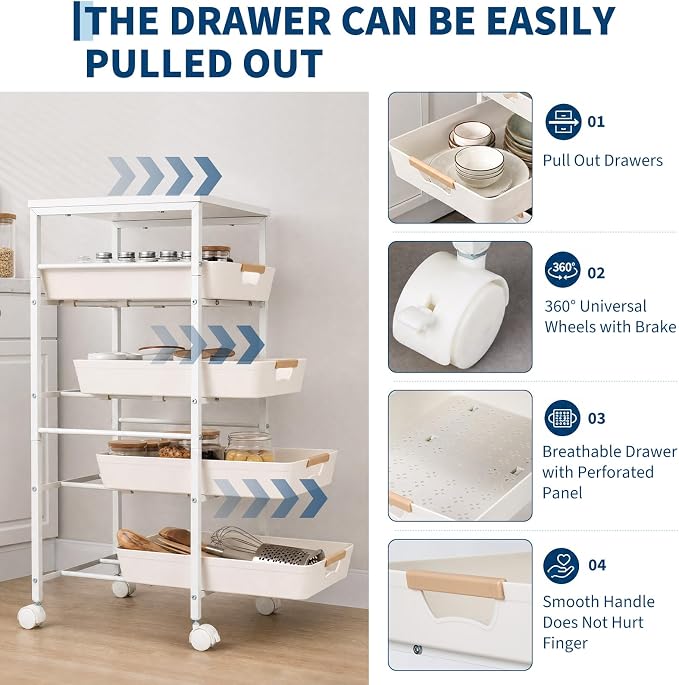 Garvee 5-Tier Slim Rolling Storage Cart, 12.6" Wooden Top Narrow Kitchen Carts on Wheels with Pull-Out Baskets, Mobile Shelving Unit Organizer for Kitchen, Bathroom, Laundry Room, Small Spaces - Image 4