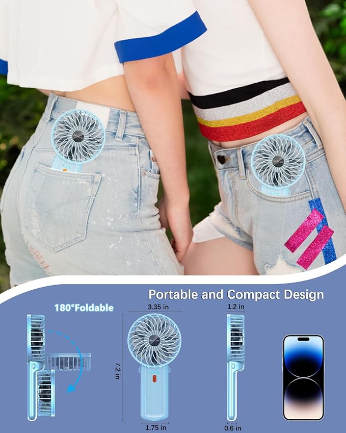 2 Pack Portable Handheld Fan, Mini Hand Held Fan, 6-15H Cooling Small Personal Fan, 180° Foldable Mini Desk Fan with 4 Quiet Speed, Neck Fan w/Lanyard for Kids Women Men Travel Office, Light Blue - Image 4