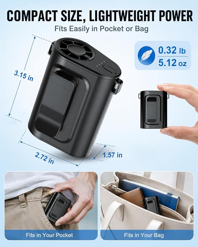 Portable Waist Fan, Ultra Lightweight Wearable Clip On Fan for Shirt, Mini Personal Neck Fan for Travel, Hands Free Belt Fan with Strong Airflow, Rechargeable Small Body Fan for Women & Men - Image 4