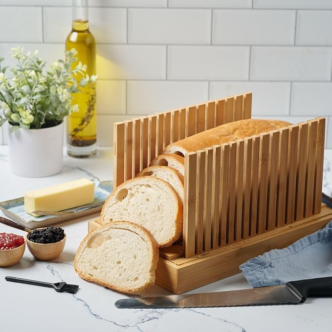 Bambüsi Bread Slicer for Homemade Bread - Upgraded Adjustable Bamboo Bread Cutter Board, Foldable Slicing Guide with Crumb Tray for Sourdough, Artisan Loaves, Bagels, Cakes, Bakery Kitchen Gadget Gift - Image 5