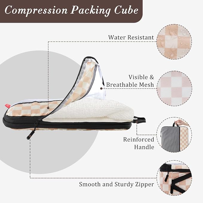 U+U 6 Set Compression Packing Cubes, Travel Organizers (Khaki Checkered) | Space-Saving & Drawstring Bag Included - Image 2