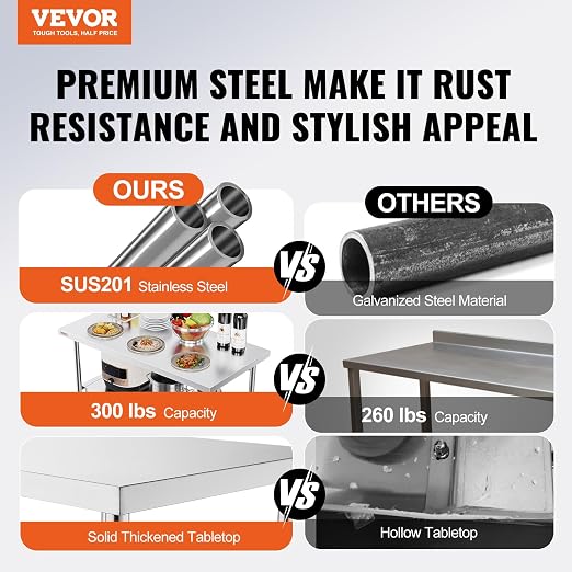 VEVOR Stainless Steel Foldable Work Table, 48 * 24 Inch Heavy Duty Food Outdoor Double Layer Stainless Steel Worktable for Commercial Kitchen Restaurant | For Commercial, Kitchen, Restaurant, Indoor and Outdoor Use, Polished Finish, Heavy Duty, Quick-F... - Image 4