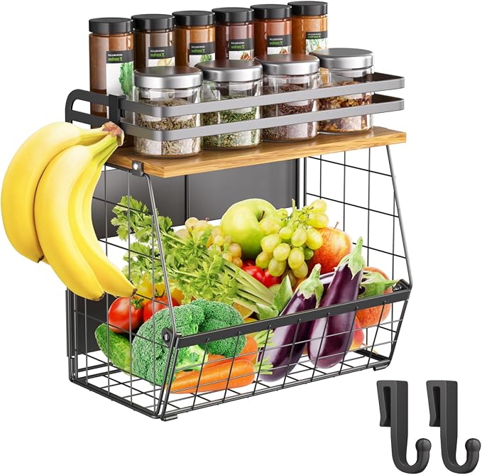 Magnetic Shelf for Fridge with Wood Lid, Large Capacity Magnetic Spice Rack for Refrigerator Kitchen Storage Bin for Fruit, Onion, Potatoes, Storage Organizer for Counter & Cabinet, Wire Basket by Utheinteck