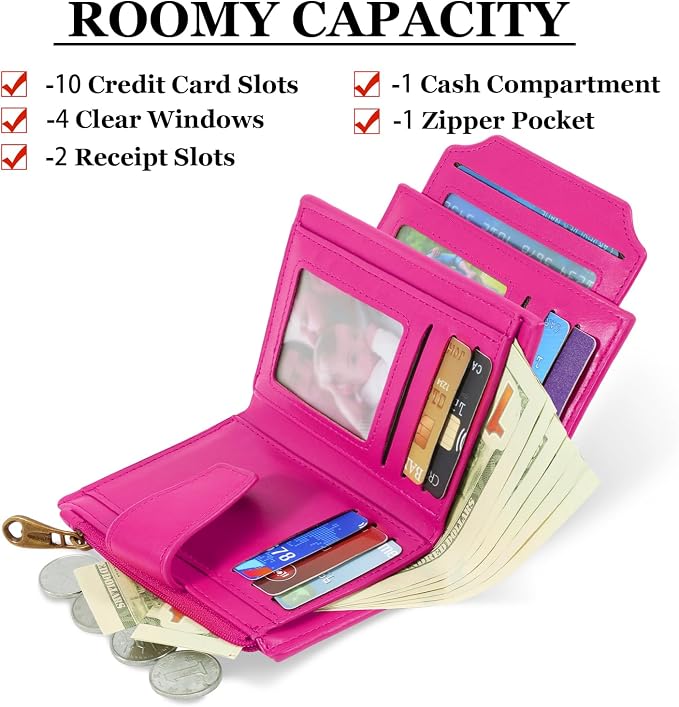 Small Wallet Women RFID Blocking Soft Leather Bifold Compact Card Holder Wallet for Women with Zipper Coin Pocket 4 ID Window - Image 2