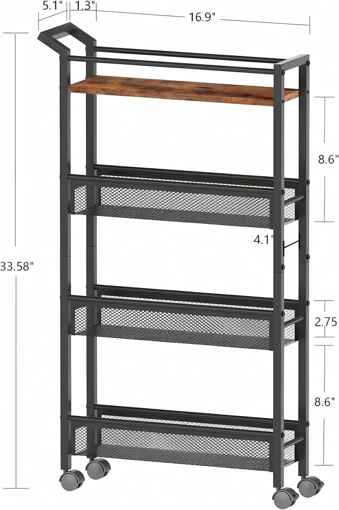 4 Tier Slim Rolling Storage Cart, 5.1 Inch Wide Narrow Storage Cart with Handle, Iron Wood Utility Slide Out Pantry Shelf Organizer for Laundry Room, Bathroom, Kitchen, Small Spaces, Black - Image 2