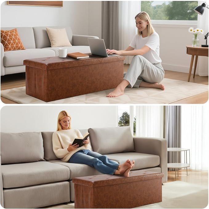 DUMOS 43 Inch Folding Storage Ottoman Bench, Large Ottoman with Storage | Storage Chest with Padded Seat, End of Bed Foot Rest Stool for Bedroom Living Room, Load 660 lbs, Synthetic Leather, Brown - Image 4