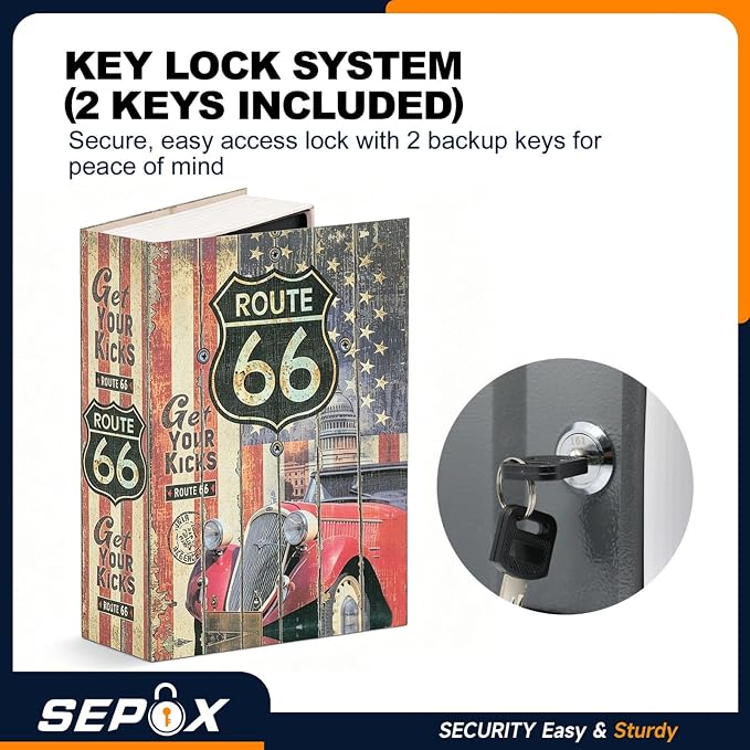 SEPOX® Book Safe with Key Lock Real Paper Cover Steel Interior Diversion | For Dorm Home. Hidden Compartment Book Safe Box. Hides Cash Jewelry in Plain Sight. Road Theme Design Steel Keyed Home Safe - Image 2