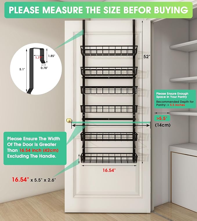 Mefirt Over The Door Pantry Organizer, Pantry Storage and Organization | 6-Tier Adjustable Hanging Baskets, Metal Wall Mount Spice Rack Seasoning Shelves for Home & Kitchen, Laundry Bathroom - Black - Image 2