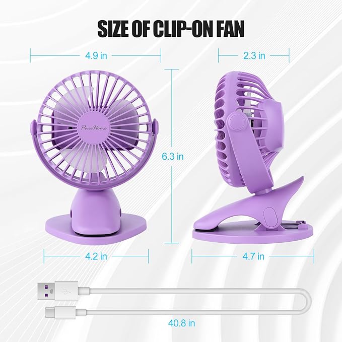 Portable Clip Fan Battery Operated,3 Speeds USB Rechargeable Mini Table Fan with Strong Airflow,360°Rotation Ultra Quiet Personal Desk Fan for Home Office Bedroom Dorm Stroller Camping(Purple) - Image 7