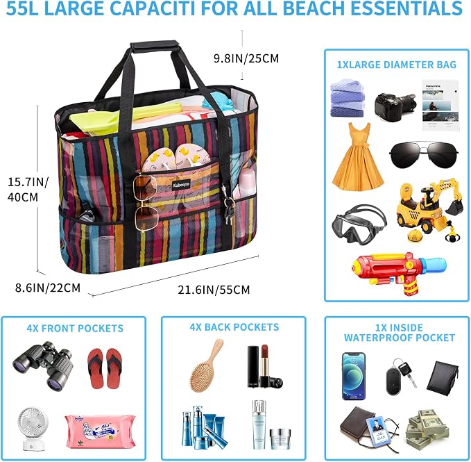 KABAQOO Mesh Beach Bag, Extra Large Beach Bags with 9 Pockets & Zipper Waterproof Lightweight Beach Tote for Beach/Pool Trip - Image 4