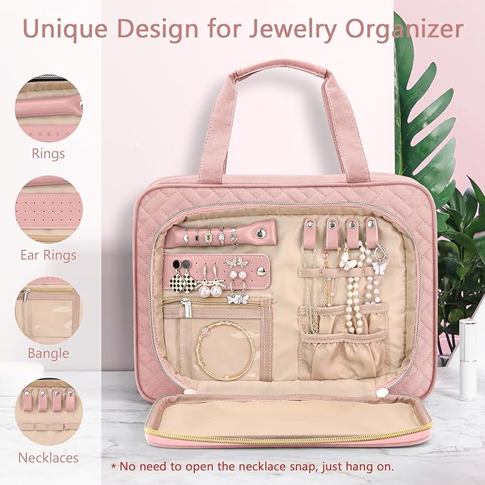 Toiletry Bag for Women, Hanging Travel Toiletry Bag with Jewelry Organizer Compartment Large Makeup Bag, PVC Waterproof Cosmetic Travel Bag for Travel Business Trips Camping Bathroom, Pink - Image 2