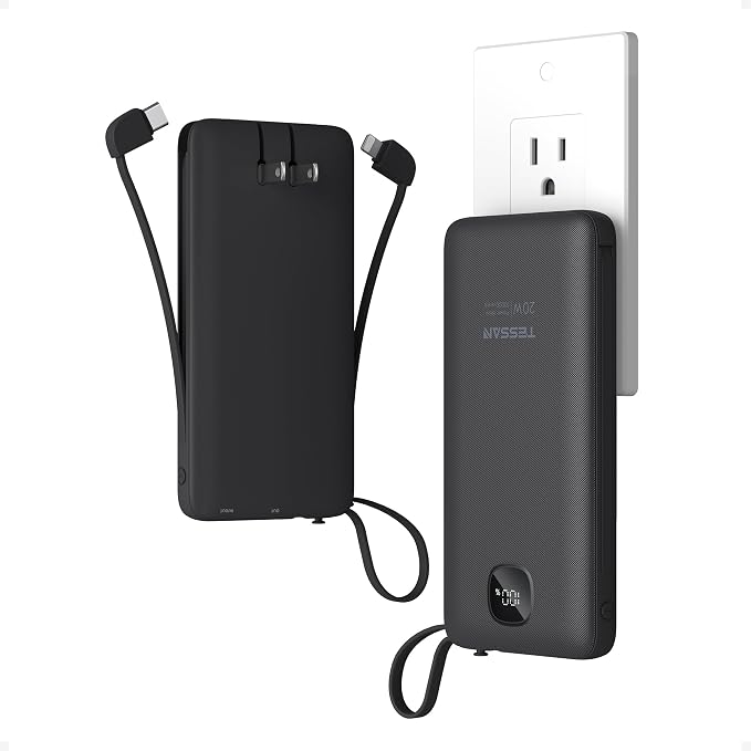 TESSAN Portable Charger with Built in Cables, 10000mAh Power Bank Fast Charging with Foldable AC Plug, PD20W Compact Battery Pack Travel Essentials for iPhone 17/16/15 Series, Samsung, Tablets, Black | PD20W USB C Fast Charging with Foldable AC Outlets... by TESSAN