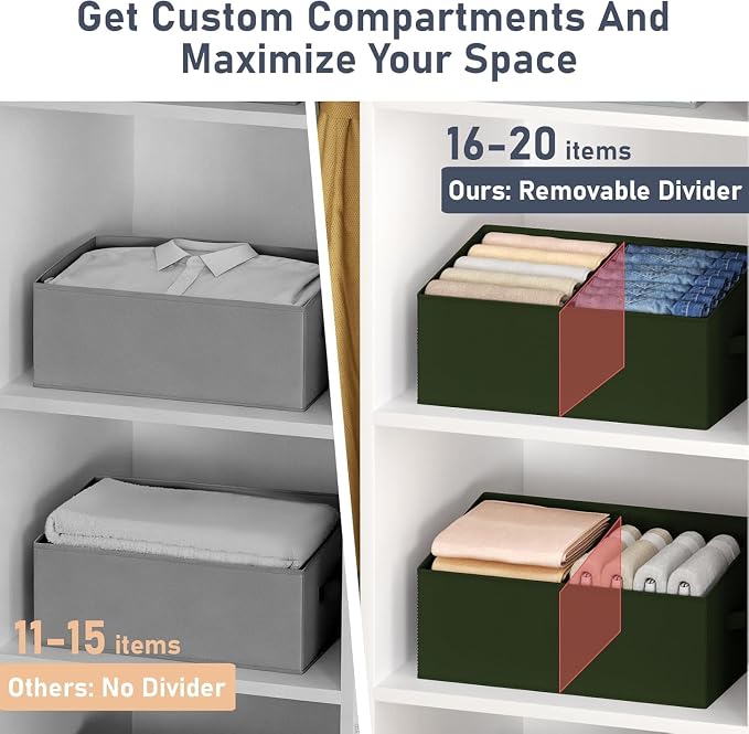 DIMJ Large Closet Shelf Organizer Bins 4 Packs with Handles and Divider, Fabric Trapezoid Storage Baskets, Foldable Clothes Containers Box for Shelf, Towel, Book, Toy, Purse, Hats, Green - Image 2