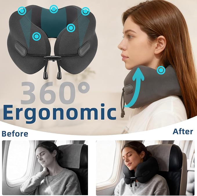 Ergonomic Travel Neck Pillow for Airplane, Memory Foam Support for Long Haul Flight Headrest, Soft Compact U Shaped for Adult Women Plane Sleeping, Portable Carry Box, Eyemask, Earplugs, Size S - Image 5