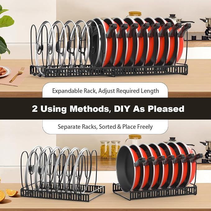 Housolution Pot and Pan Lid Organizer Holder Storage Rack, Black | 12"-23" Expandable, 14 Adjustable Dividers, Sturdy Metal Construction, Easy Assembly - Image 4