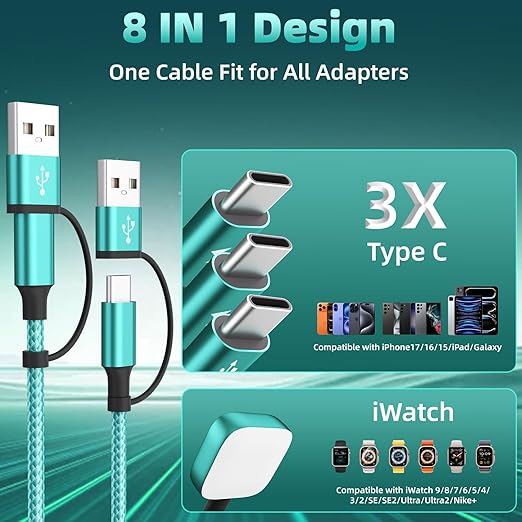3 Type-C Ports 4-IN-2 Multi Charging Cable for iWatch Charger/iPhone 17-15 | 5FT Portable Travel Essentials, USB C Splitter iPhone Watch Charger for iWatch Ultra/SE/11-2, Carplay Supported for Camping - Image 2