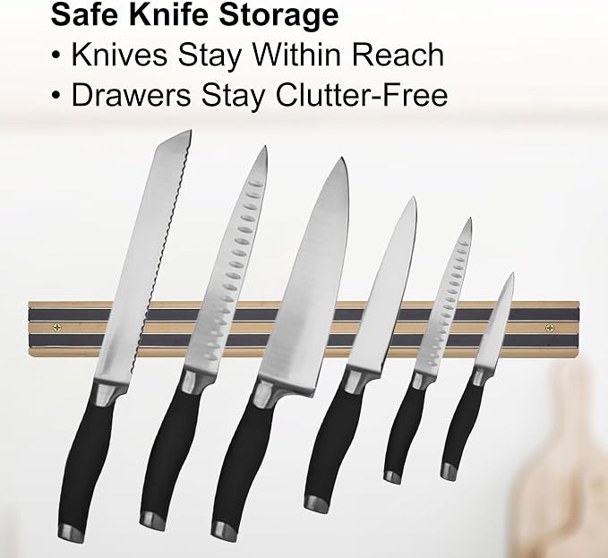 HIC Kitchen Magnetic Knife Holder and Tool Storage Bar, Wood, 18-Inch - Image 3