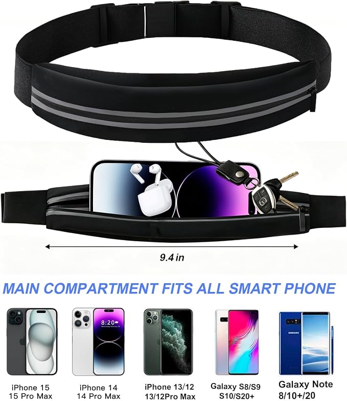 Slim Running Belt for Women and Men, Waterproof Phone Holder for Running, Reflective Waist Pack for Storing Runner’s Essentials Safely, Runner’s Fanny Pack, Money Belt Fits Most Phones (Light Black) - Image 2