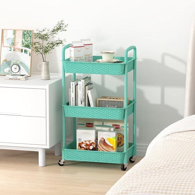 MOYIPIN 3-Tier Plastic Rolling Utility Cart with Handle,Turquoise | Utility Storage Cart for Office, Living Room, Kitchen,Movable Storage Organizer，Easy installation，Rattan-like art design - Image 7
