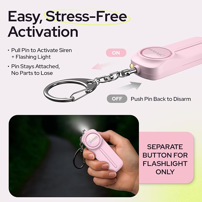 Personal Safety Alarm Keychain for Women, 130dB Siren, LED Light, Pink | Panic Pin, Compact Self-Defense Device, Emergency Whistle Alternative for College, Travel, and Night Walk Protection - Image 3