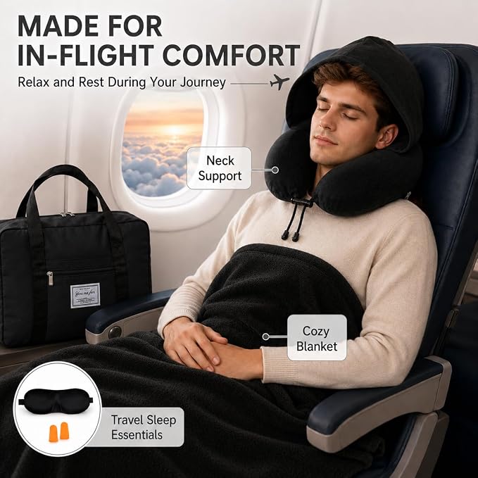 Travel Blanket and Pillow Set - Hooded Neck Pillow Airplane Essential Black | Memory Foam, Sleep Mask, Earplugs, Foldable Duffel Bag Soft Comfort for Long Plane Flight Traveling Car Road Trip Flying - Image 6