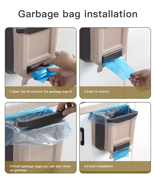 Hanging Kitchen Trash Can, Foldable Waste Bin for Kitchen, Collapsible Hang Small Plastic Garbage Can 2.4 Gallon for Cabinet/Car/Bedroom/Bathroom (Brown) - Image 6