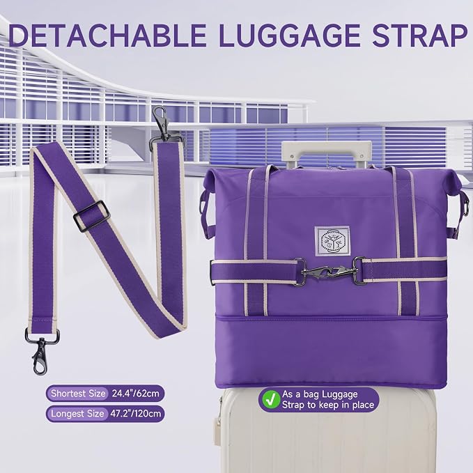 WALNEW Travel Duffel Bag, Weekender Bag for Women, Purple | Overnight Carry On Bag, Foldable Waterproof Gym Luggage with Metal Buckle Detachable Shoulder Strap and Wet Compartment - Image 7
