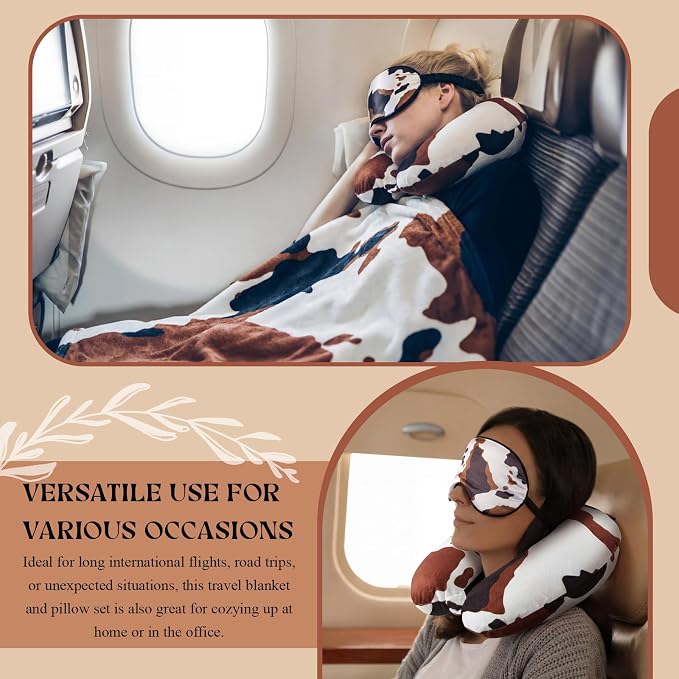 HunnmingRe 5 Pcs Travel Pillow and Blanket Set, 5 in 1 Travel Airplane Compact Includes 40 x 60 Inch Throw Blanket Eye Mask Neck Pillow Earplug and Bag Gifts for Travelers Women(Cow Print,Brown) - Image 7