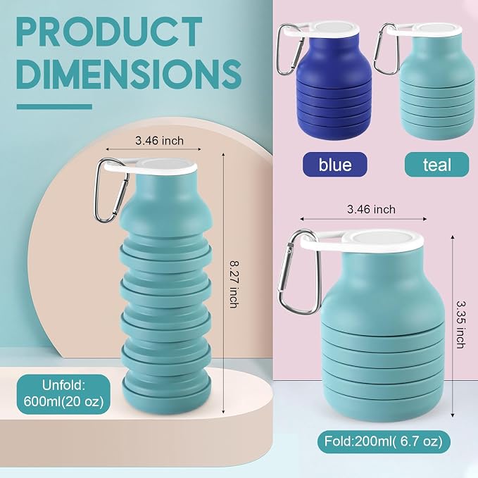 LemonRoad 2 Pcs 20 oz Portable Collapsible Water Bottles Reusable Silicone Foldable Water Bottle Lightweight Leakproof Expandable for Gym Traveling Camping Hiking Sports (Teal Blue,Navy Blue) - Image 2