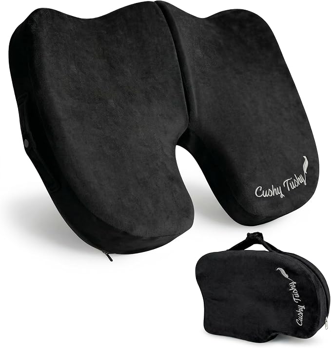 Premium Slim Foldable Travel Seat Cushion - for Relief of Lower Back, Sciatic, Butt and Tailbone Pain - for Home & Office Use, Perfect for Travel or Driving - Slim Coccyx Cushion - Black by CushyTushy