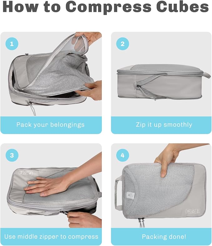 6 Set/ 4 Set/ 2 Set Compression Packing Cubes Travel Essentials Lightweight Nylon Luggage Suitcase Organizer Bag Light Grey 4PCS - Image 6