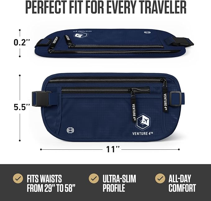 VENTURE 4TH Travel Money Belt, RFID Blocking Passport Holder - Navy Blue - Image 3