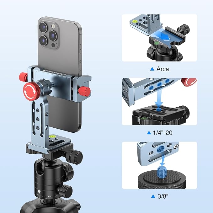 Phone Tripod Mount Aluminum Alloy, 360° Rotatable Phone Stand Holder Clamp with Cold Shoe and Arca Base Compatible with iPhone 15 Pro Max Galaxy S24 Ultra Pixel & 2.5"-4" Wide Smartphones - Image 2