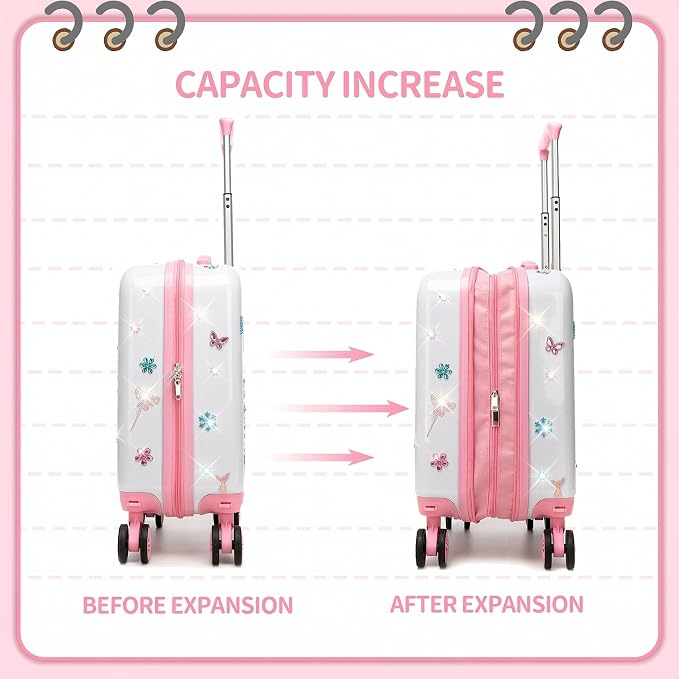 Kids Luggage Sets 2 Piece Pink Rolling Suitcases for Girls with Wheel Shardshell 16" Travel Suitcase with 10 Sheets Gem Stickers - Image 8