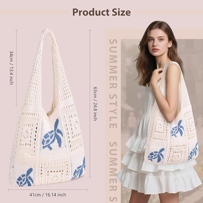Sightor Crochet Tote Bag, Mesh Beach Bag Knit Summer Hobo Bag for Women | Beach Tote bag Vacation Outfits Aesthetic Boho Bag - Image 2