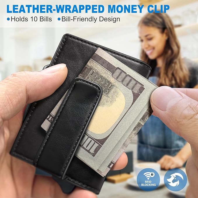 Wallet for Men, Slim Pop Up Card Holder with RFID Blocking, Minimalist Bifold Wallet with 10 Card Slots, 2 ID Window and Money Clip, Metal Flip Case with Magnetic Closure, Gift Box - Image 5