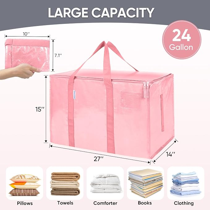 TICONN 6 Pack Extra Large Moving Bags Heavy Duty with Zippers & Carrying Handles, Durable Storage Bags Moving Boxes for Closet Organizers and Storage (6 Pack, Coral) - Image 5