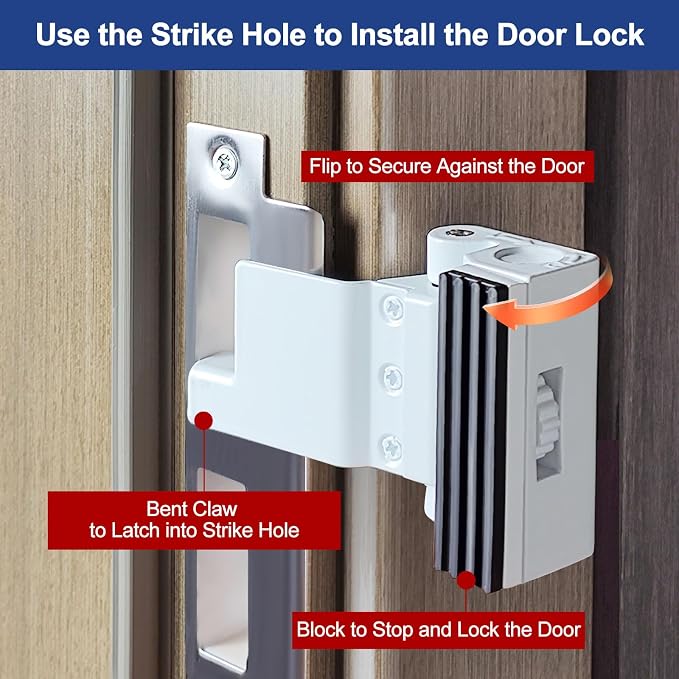 Portable Door Lock for Home/Hotel Security, Flip Action Style | All-Metal Construction, Adjustable Design, with Storage Pouch, Extra No Drill Door Lock, White - Image 2