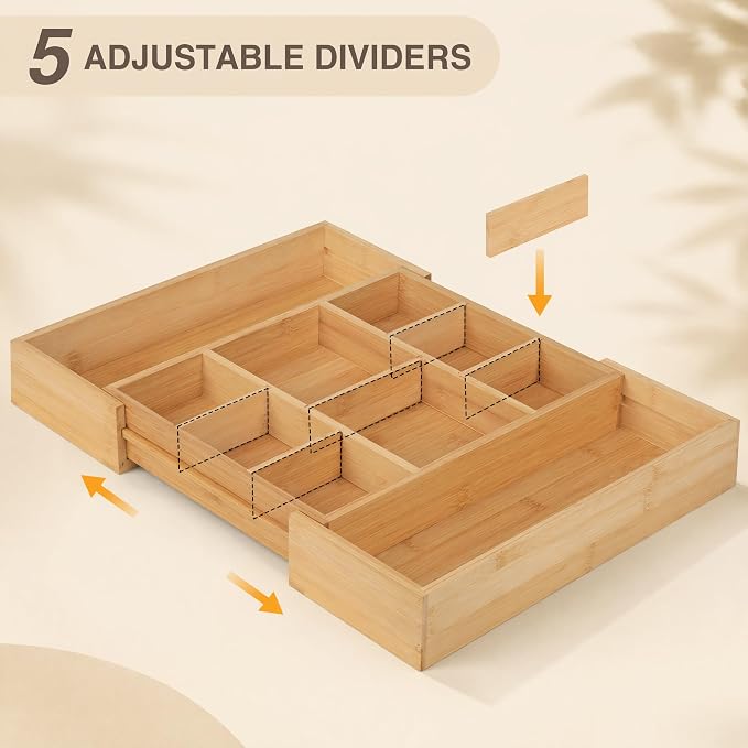 Bamboo Drawer Organizer Expandable Desk Storage Set, 10 Adjustable Compartment Junk Drawer Divider and Trays Containers for Kitchen Utensil, Office Supplies, Makeup, Jewelry & Cosmetics Organization - Image 4