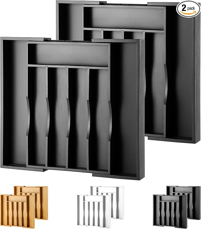 2-Piece Expandable Bamboo Kitchen Drawer Organizer for Cutlery and Utensils, Adjustable Bamboo Wood Cutlery Tray in Drawer for Flatware and Silverware in Kitchen, (Black) by oridom