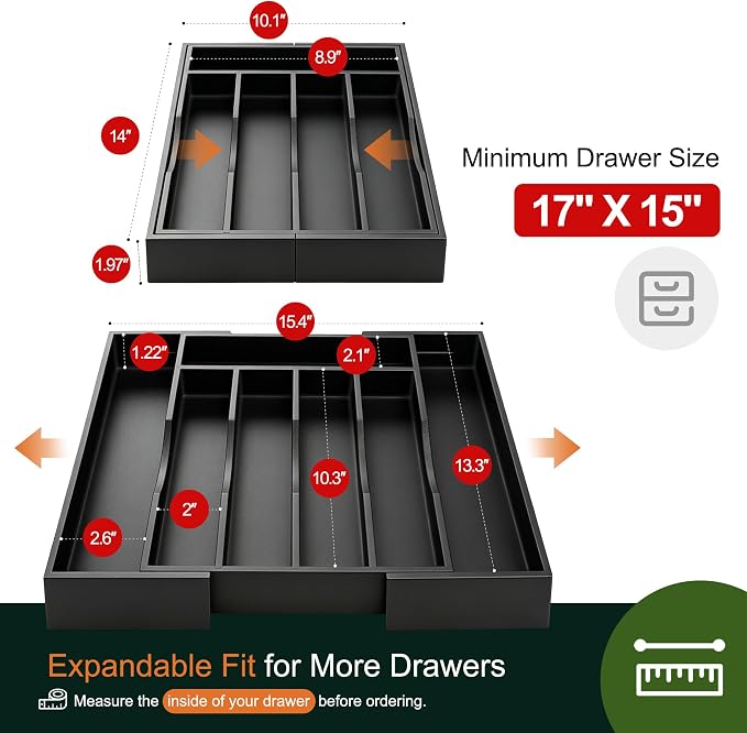 2-Piece Expandable Bamboo Kitchen Drawer Organizer for Cutlery and Utensils, Adjustable Bamboo Wood Cutlery Tray in Drawer for Flatware and Silverware in Kitchen, (Black) - Image 2