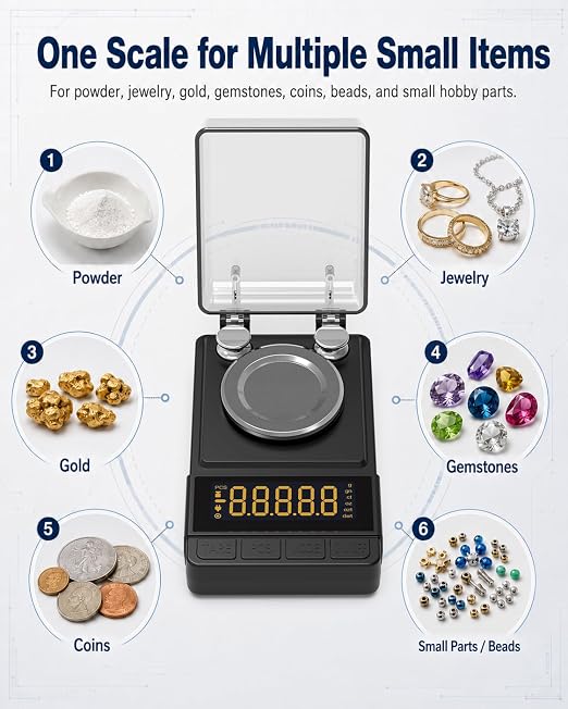 Digital Milligram Scale 50g/0.001g, Compact Mg Scale, 2 x 20g Weights | Black Powder Scale for Reloading, 6 Units, Tare, Counting, USB/Battery Powered, for Jewelry, Gold, and other micro items - Image 5