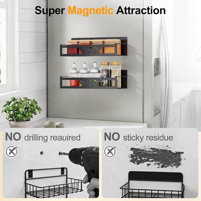 Magnetic Spice Rack for Refrigerator, 2 Pack Metal Magnetic Shelf Organizer for Fridge Side, Strong Spice Storage Rack for Kitchen, Black - Image 5