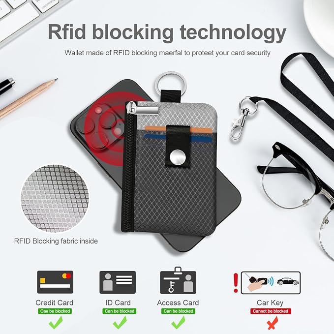 Minimalist RFID Blocking Small Wallet with ID Window,WaterResistant Zip Id Case Wallet with Lanyard Keychain for Cards,Cash,Travel,Women,Men (DardGray/LightGray) - Image 4