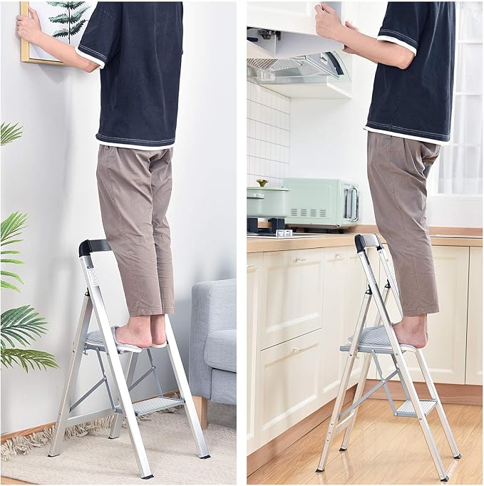 KINGRACK Aluminium 2 Step Ladder, Lightweight Step Stool with Non-Slip Pedals, Handrail, 330LBS Foldable Step Ladder for Kitchen, Garage, Home, Space Saving, Sturdy and Portable, Silver - Image 7