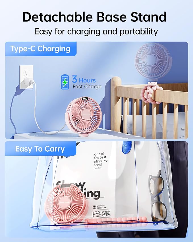 SWEETFULL Portable Stroller Fan with LED Display, 4 Speed Rechargeable Mini Clip On Fan, 360° Rotate Flexible Tripod Better Cooling Small Baby Fan for Car Seat Crib Travel Bike Treadmill (Pink) - Image 6