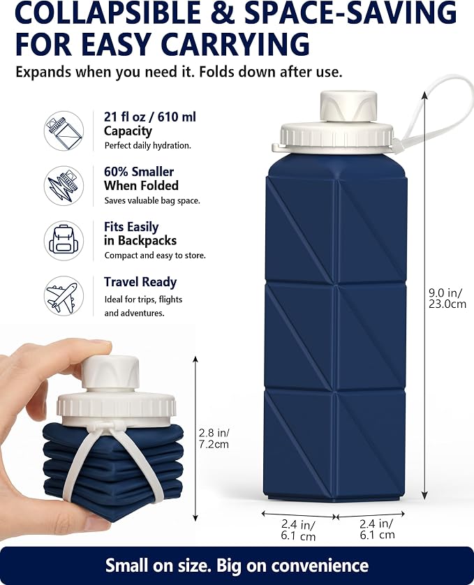 BEAUTAIL Collapsible Water Bottles 21oz/610mL, Silicone Travel Water Bottle | BPA Free, Leakproof & Reusable, Foldable Water Bottle for Traveling, Hiking, Gym, School, Sports, Outdoor, 1-Pack, Dark Blue - Image 2