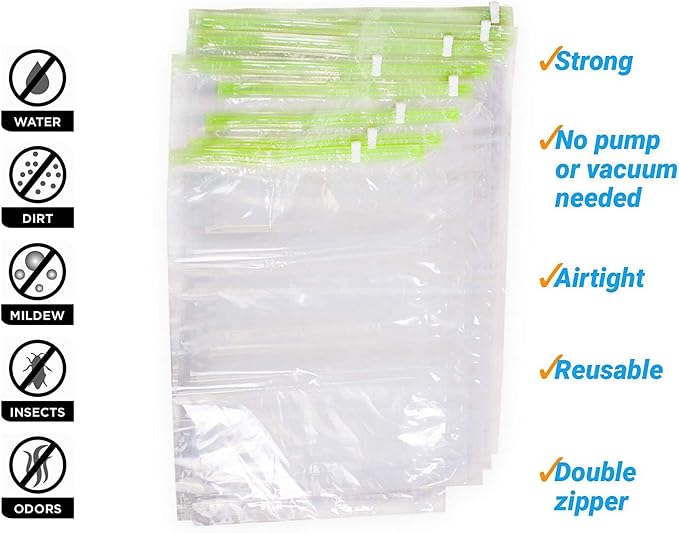 8 Travel Space Saver Bags - No Vacuum or Pump - for Clothes - Reusable - Luggage Compression - Set of 4 L and 4 M Sacks - Transparent - Image 8